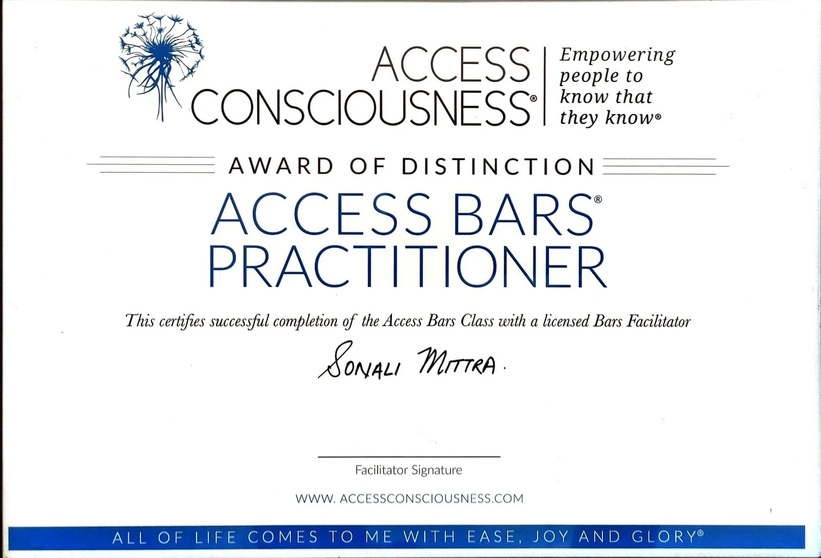 Access Bars Practitioner Certificate_Sonali Mittra