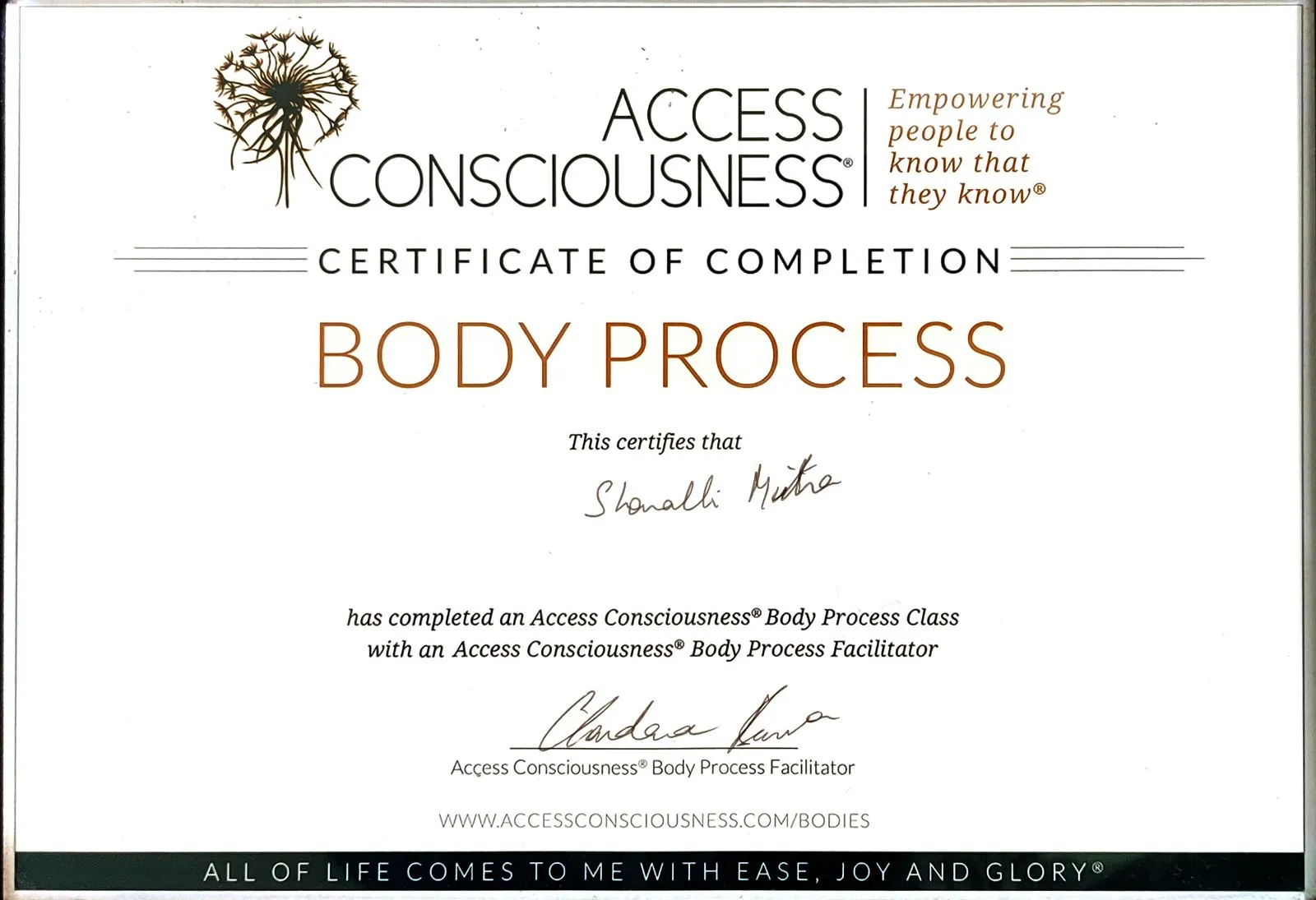 Access Bars Body Process Certificate_Sonali Mittra